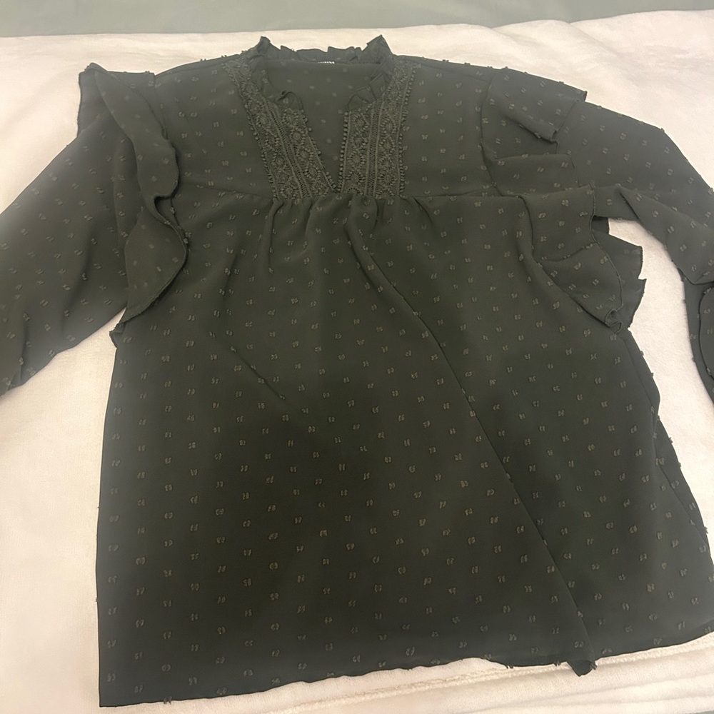 Women's Olive Green Long-Sleeve Blouse with Lace Trim